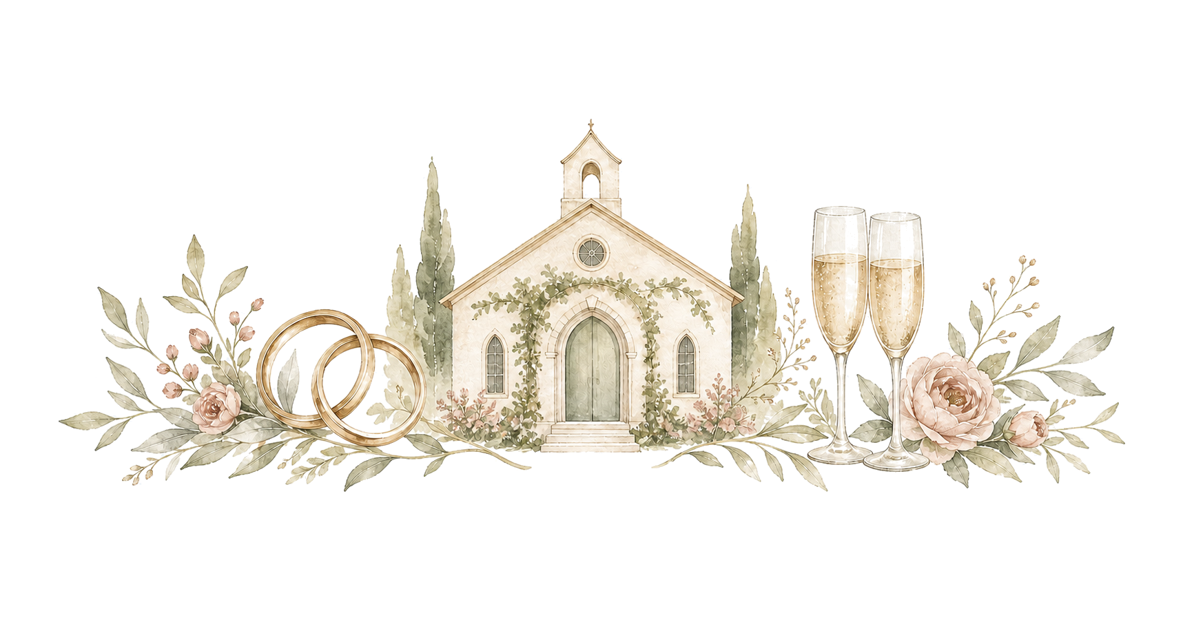 Delikatna ilustracja kościoła, obrączek i kieliszków weselnych